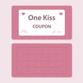 Pink coupon for one kiss, bipartite with lines for text. With hearts